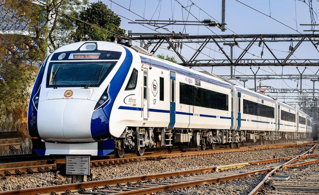 Indian Railways train moving on tracks with text Railway Job Vacancy 2025 Apply Now - Latest Indian Railways Recruitment Updates